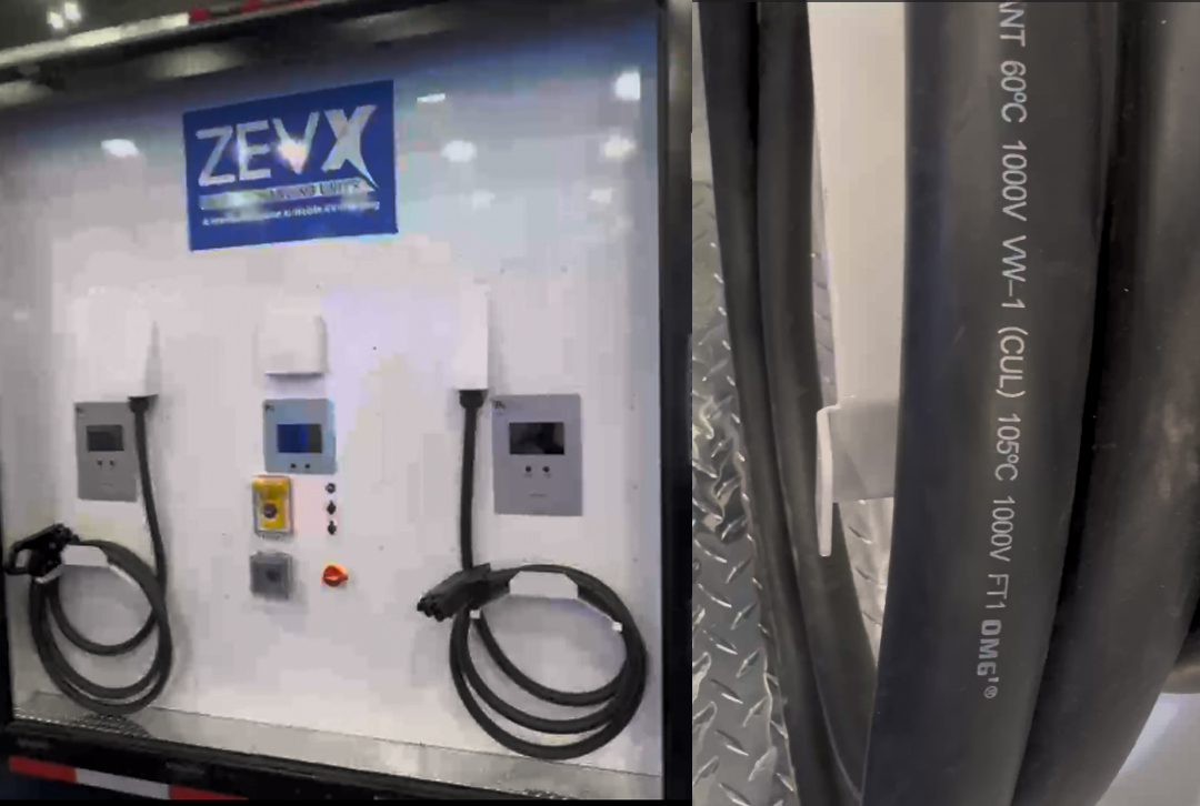 ZEVX charging station using OMG electric car cable